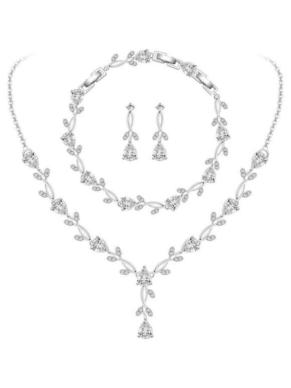 Wedding Jewelry Set Bride Bridesmaid Cubic Zirconia Necklace Earrings Bracelet G